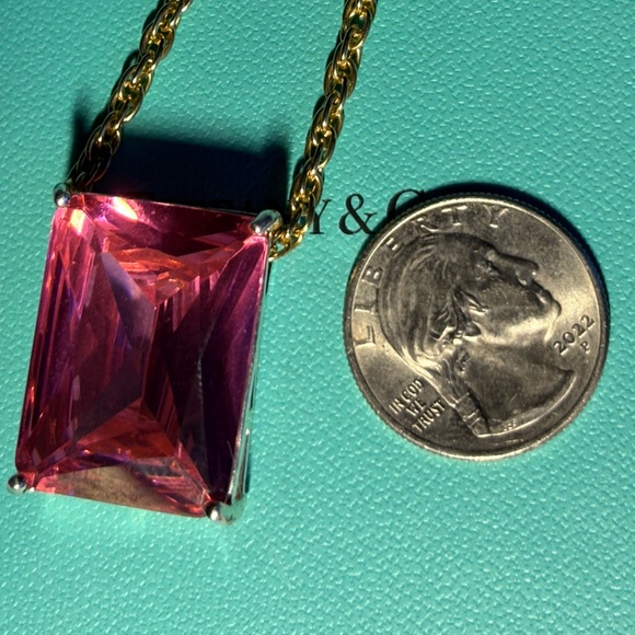 Massive Emerald Cut Pink Tourmaline Sapphire? Pendant 925 Gold Pl 24” GF Chain - Picture 8 of 10